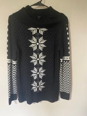Talbots Lambswool Blend Nordic Polka Dot Black & White Cowl Neck Sweater Medium
